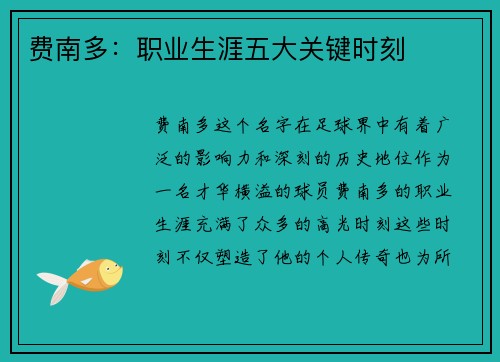 费南多：职业生涯五大关键时刻