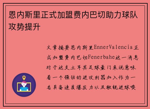 恩内斯里正式加盟费内巴切助力球队攻势提升